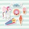 Cute set fantasy elements unicorn cloud with wings star and donut and ice cream cone with lines colorful background