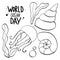 Cute set jellyfish, shell, seaweed, text World Ocean Day. Coloring page. Digital doodle outline art. Print for banners, posters, p