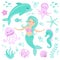 Cute set Little mermaid and underwater world. Fairytale princess mermaid and dolphin, octopus, seahorse, fish, jellyfish