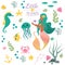 Cute set Little mermaid and underwater world. Fairytale princess mermaid and seahorse, fish, jellyfish, crab. Under water in the s