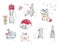 Cute set with New Year Christmas pretty mice rats with decorations, gift boxes, candies, christmas sock, snowflakes. Hand draw