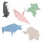 A cute set of origami animals. Japanese folded paper figurine. Penguin, crane, bull, elephant, frog.