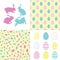 Cute set of Scandinavian Easter Bunny seamless patterns with primitive geometric silhouettes of rabbit