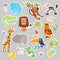 Cute set of stickers of safari animals and flowers. Savanna and safari funny cartoon sticker animals. Jungle animals