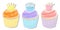 Cute set of three delicious stickers cupcakes with crowns in pastel shades