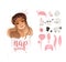 Cute set of trendy pink stickers with a blonde nap girl queen and lettering.