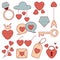 Cute set of Valentine\\\'s Day vector images, Hearts, cloud, Cupid\\\'s arrow, lock, key, envelope