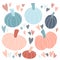 Cute set of various pastel pumpkins hand drawn in simple childish Scandinavian style, colorful hearts. Vector illustration