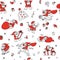 Cute set vector sketch seamless pattern of funny Santa Claus in different situations. Design background of greeting