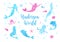 Cute set watercolor silhouettes of the mermaid, dolphin, octopus, fish and jellyfish. underwater world collection