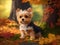 A cute shaggy puppy sits in the garden among the autumn leaves. Generation AI
