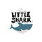 Cute Shark. Vector funny card for baby boy with lettering: Little Shark. Childish illustration in a simple cartoon Scandinavian