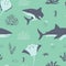 Cute sharks, seahorse, stingray, jellyfish, corals, fish, algae seamless pattern. Vector illustration on aquamarine background,