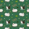 Cute sheep and border collie dog walking in the meadow, seamless pattern, cute cartoon illustration with domestic farm