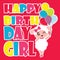 Cute sheep girl brings colorful balloons vector cartoon illustration for kid birthday card design