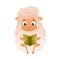 Cute sheep reading book. Smart baby animal sitting and studying with book cartoon vector illustration