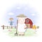 Cute sheep, scarecrow and barn, hand drawn farm illustration
