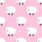 Cute sheep seamless pattern on pink polka dots background.