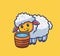 cute sheep thirsty drink on wooden bucket. isolated cartoon animal nature illustration. Flat Style suitable for Sticker Icon