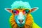 Cute sheep wearing sunglasses. animal on summer vacation, animal illustration. Ai generative