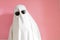 Cute sheet ghost costume with sunglasses on a pink background. Halloween party carnival concept