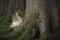 Cute shetland sheepdog sitting hiding between trees covered with moss