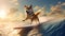 Cute shiba inu dog surfing waves on a surfboard on sunny summer day