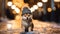 A cute Shiba Inu puppy dog wearing a hat on blurred a snowy street background. Generative AI.