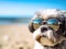 Cute Shih Tzu dog wearing sunglasses at beach