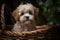 Cute Shih Tzu puppy in a wicker basket.