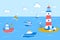 Cute ship and cruiser in ocean landscape. Cartoon sailboat trip and lighthouse. Horizontal childish background, nowaday
