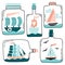 Cute ships, boats, yachts in glass bottle