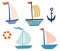 Cute ships, sailboat, yachts set. Boat drawing set. Small ships in cute flat design. Sea transport. Cartoon marine icons set for