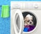 Cute shitzu puppy inside the washing machine