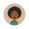 Cute shocked Afro American woman avatar. Scared African girl emoji. Frightened dark-skinned person facial expression.