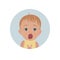 Cute shocked baby emoticon. Scared child emoji. Afraid toddler smiley. Frightened expression.