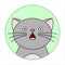 Cute Shocked Cat, Round Icon, Emoji. Gray Cat With Whiskers, With A Mouth Open From Shock, Round Eyes. Vector Image Isolated