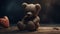 Cute shy vintage teddy bear, plush toy, sitting, holding heart, looking at camera, cartoon character. AI generated