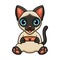 Cute siamese cat cartoon holding food bowl