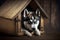Cute Siberian husky lying in wooden doghouse