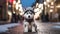 A cute Siberian Husky puppy dog wearing a hat and scarf on blurred a snowy street background. Generative AI.