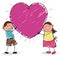 Cute siblings holding a pink heart in doodle style, Vector illustration