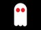 A cute simple symbol shape of a white ghost apparition with red fiery eyes black backdrop