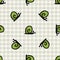 Cute simply stylized snail seamless vector pattern. Hand drawn mollusk insect on gingham background. Garden pest home decor. Green