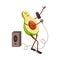 Cute singing avocado character with microphone and big speaker