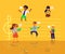 Cute singing kid cartoon characters vector illustration on yellow background.