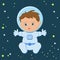 Cute sitting baby boy astronaut in a spacecuit and helmet