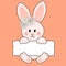 Cute sitting bunny with chamomile wreath with blank banner for your text