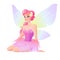 Cute sitting fairy in pink dress with wings. Vector illustration.