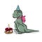Cute sitting tyrannosaurus rex in birthday cap and pink bow with cake. Hand drawn vector illustration   of little t-rex dinosaur i